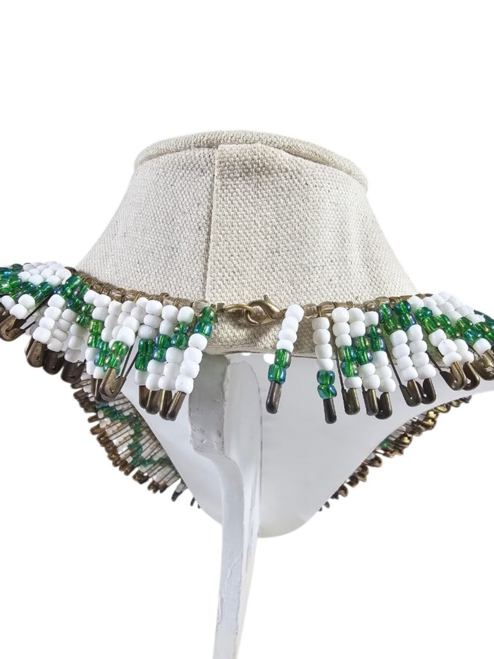 Safety Pin Beaded Necklace 22.5” White Green Glass Beads Statement Boho Tribal - Picture 3 of 10